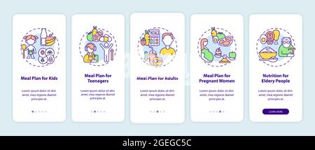 Meal plan for different age groups onboarding mobile app page screen Stock Vector