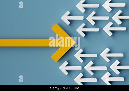 Many arrows pointing in one directions with one big arrow in opposite direction over blue background, against the stream, innovation, strategy, plan o