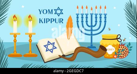 Yom Kippur greeting card with candles, apples and shofar. Jewish holiday background. Vector illustration. Stock Vector