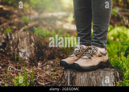 Close up of hiker feet and hiking boots on tree stump in forest. Woman standing in forest, wearing trekking shoes. Outdoor adventure concept Stock Photo