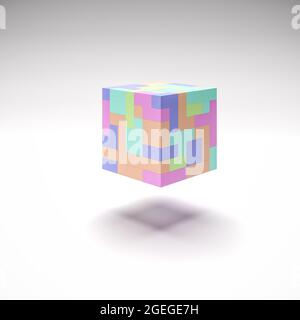 A cube of hovering tetris like blocks in different pastel colors and forms. Abstract background. Stock Photo