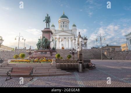 Helsinki Cathedral at Senate Square with Statue of Alexander II - Helsinki, Finland Stock Photo