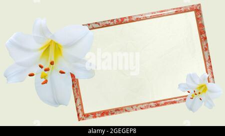 Frame with blank paper for text, decorated with white lilies Stock Photo