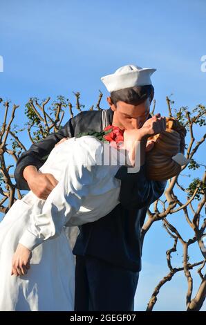 Scenic view of the Unconditional Surrender a 25-foot tall  controversial sculpture exhibited at the San Diego Tuna Harbor Park  in California, USA. Stock Photo