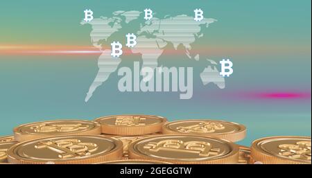 Gold bitcoins over world map with bitcoin symbols against green background. Stock Photo