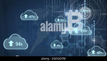 Cloud icons and bitcoins symbol over world map against blue background Stock Photo