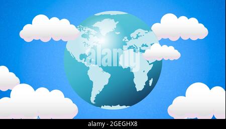 Composition of globe over blue sky and clouds background Stock Photo