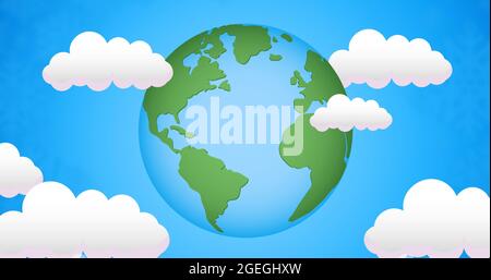 Composition of globe over blue sky and clouds background Stock Photo