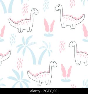 Pattern with dinosaurs and palms vector illustration. Seamless cute baby background. Template for children's clothing, packaging, fabric, wallpaper. A Stock Vector