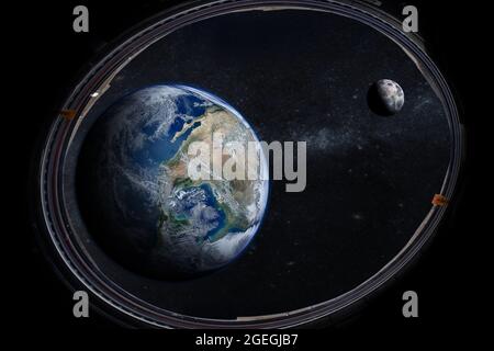 Earth in the outer space with beautiful moon from porthole. Elements of this image furnished by NASA. Stock Photo