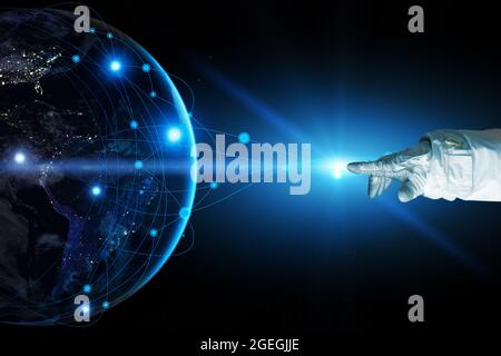 Earth from Space. Internet Concept of global business. Network and data exchange over planet earth.  Symbol of internet, technology and communication. Stock Photo