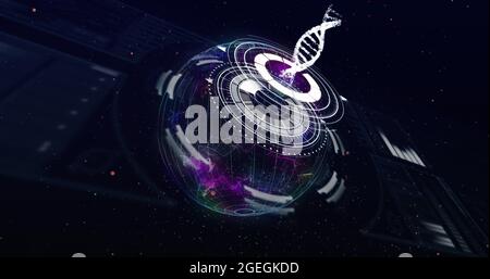 Digital interface over globe spinning against black background Stock ...