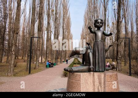 Babyn Yar Park Leading Lines Tree Alley with Monument of Jewish People Killed During World War II