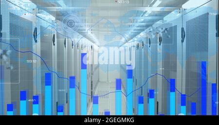 Statistical data processing and round scanners over world map against empty computer server room Stock Photo