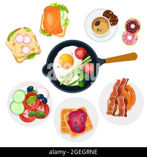 Different sweet and savory dishes for breakfast Stock Vector
