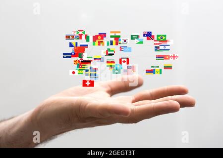Globalization concept with hand holding world graphic illustration ...