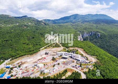 an aerial view of Ucka mountain, in foreground Ucka tunnel and building a new tunnel, Istria, Croatia Stock Photo