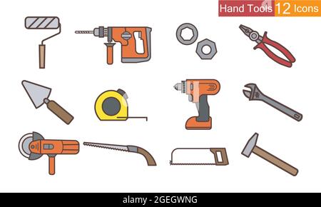 Simple Set of hand tools Icons . Contains icons such as saws, roller, hammers, cutters, brushes and more Stock Vector