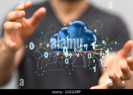 Male's hands holding an illustration of artificial intelligence cloud technology Stock Photo