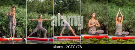 Composite image of one young beautiful slim woman doing yoga, pilates on paddle board, SUP alone in summer morning. Active life, sport, leisure Stock Photo