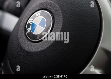 Kant, Kyrgyzstan - August 20 , 2021 : Bmw steering wheel . Logo close up Stock Photo