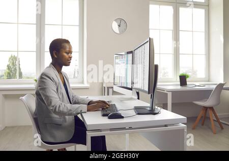 Businesswoman or accountant working with spreadsheets and invoices on office computers Stock Photo