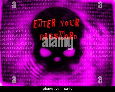 Enter your password displayed on a Pirate skull on Binary code background Stock Photo