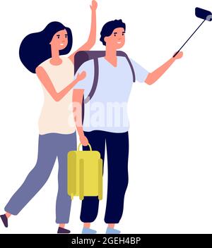 Tourist selfie. Young couple with backpacks. Family vacation, flat happy man woman make live stream or vlog. Isolated travellers vector characters Stock Vector