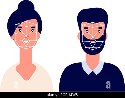 Id system. Facial identification, flat biometric technology. Face recognition or identity access profile. Safety verification vector concept Stock Vector