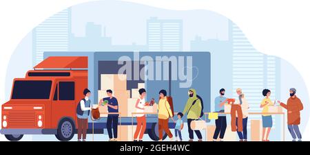 Humanitarian aid. People give rescue refugee homeless, support poor family. Charity in financial crisis, volunteer community vector concept Stock Vector