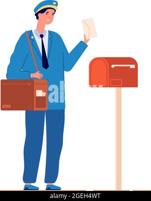 Postman deliver mail. Mailed service, mailman with bag delivering letter in mailbox. Man in blue uniform with envelope vector illustration Stock Vector