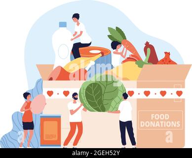 Foods donate. Holiday food drive donation, christmas charity. Volunteers collect cardboard box aid with cans and groceries vector concept Stock Vector