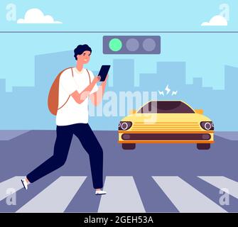 Crosswalk accident. Pedestrian with smartphone and headphones