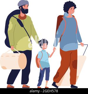 Poor family. Vagabonds, homeless refugee woman kid man. Desperate depressed people need help, isolated jobless adults vector characters Stock Vector