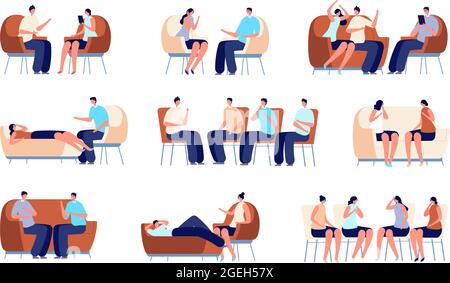 People on psychotherapy. Group therapy, psychologist talking with couple. Family psychology, person on couch and psychoanalyst vector set Stock Vector