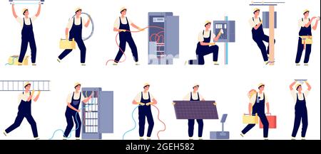 Electricity workers. Technicians services, professional man in uniform. Electrician repair safety, isolated maintenance engineer vector set Stock Vector