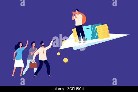 Deception business partner. Betrayal, theft of money. Colleague stole funds. Tricky liar, guy flying with money on paper plane vector illustration Stock Vector