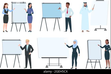 People and presentation boards. Executives coaching, trainers or speakers. Teachers on lecture. Isolated business man woman near interactive screen Stock Vector