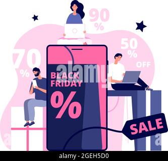 Black friday online. Shopping man girl, people buying on super discount. Ecommerce, shop in tablet and package delivery vector concept Stock Vector