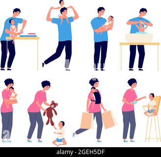 Toddler in family. Mother with baby, father taking care child. Parents playing washing feeding hugging son or daughter vector illustration Stock Vector