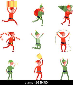 Christmas elf characters. Santa elves, young xmas helper in hat with gift. Isolated dwarf working, funny winter new year workers vector set Stock Vector