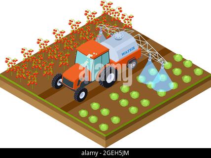 Automatic crop irrigation. Machine watering tomatoes and cabbage. Isolated isometric plantation location, vegetables garden vector illustration Stock Vector