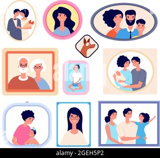 Family photo frames wall. Portrait gallery, grandparents relatives history. Pictures group with people faces, childhood vector illustration Stock Vector