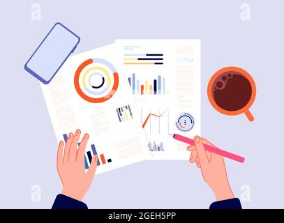 Financial report. Hands writing charts, banking diagrams or research results. Calculation of investments, person engaged in accounting top view vector Stock Vector