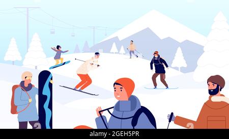 Ski resort. Fun winter people, skiers and snowboarder. Holiday in mountains, snow landscape and extreme sport man woman vector illustration Stock Vector