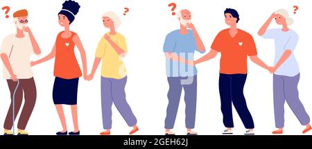 Volunteers and elderly. Old people memory loss with male female social workers. Isolated kind woman and man helping seniors vector illustration Stock Vector
