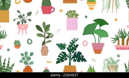 Succulent pattern. Home plants on pots background. Doodle cacti palm isolated on white. Scandinavian floral garden vector seamless texture Stock Vector