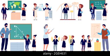 Lesson with teacher. Children classroom, happy school teaching. Cute kids group stand blackboard, isolated music pupils vector illustration Stock Vector