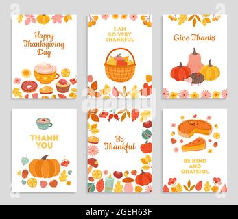 Thanksgiving day cards. Autumn rustic poster, flyers with flowers, pumpkin pie falling leaves. Happy thankful greetings vector illustration Stock Vector