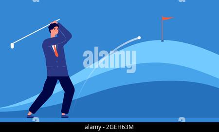 Successful business hitting. Target accuracy, businessman hits golf ball. Objective achievement metaphor, leadership strategy vector concept Stock Vector